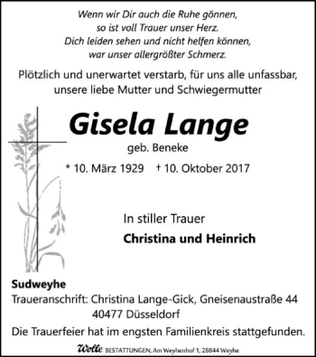 Traueranzeige von Gisela Lange von SYK