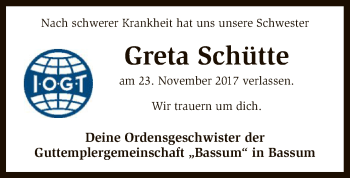 Traueranzeige von Greta Schütte von SYK