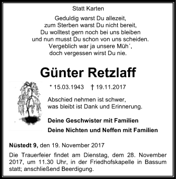 Traueranzeige von Günter Retzlaff von SYK