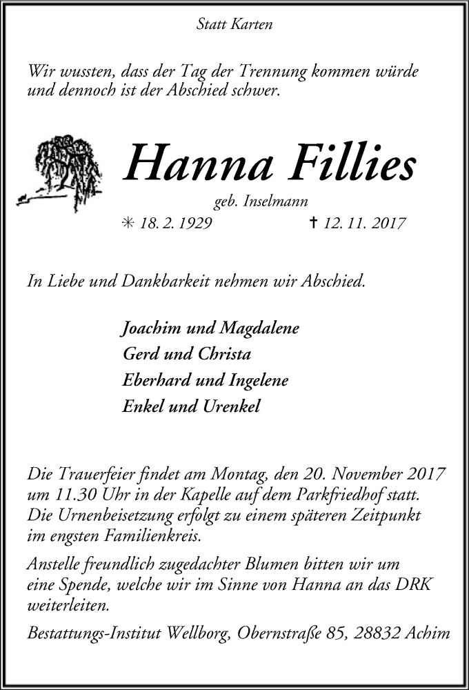  Traueranzeige für Hanna Fillies vom 16.11.2017 aus SYK