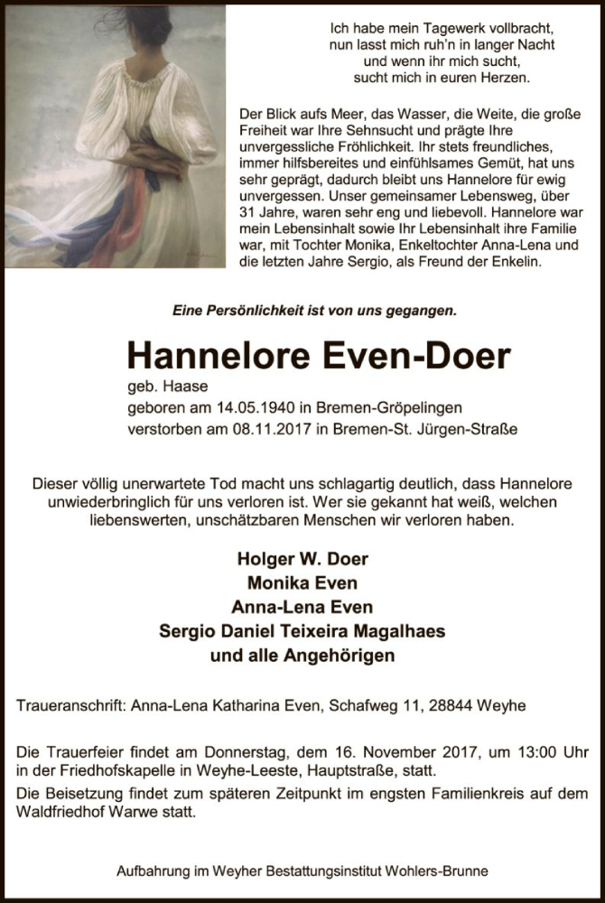  Traueranzeige für Hannelore Even-Doer vom 13.11.2017 aus SYK