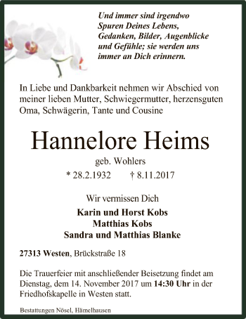 Traueranzeige von Hannelore Heims von SYK