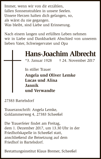 Traueranzeige von Hans-Joachim Albrecht von SYK