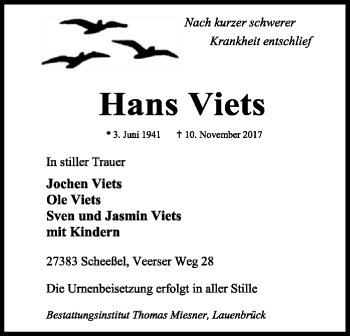 Traueranzeige von Hans Viets von SYK