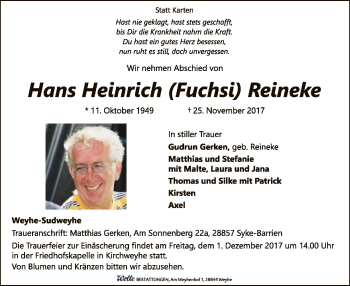 Traueranzeige von Hans Heinrich Fuchsi Reineke von SYK