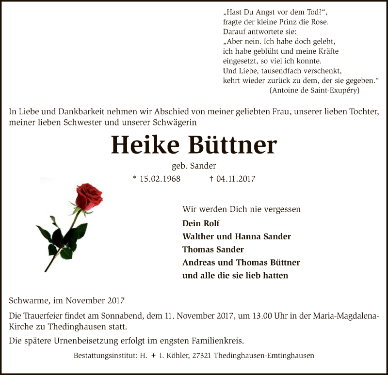  Traueranzeige für Heike Büttner vom 08.11.2017 aus SYK