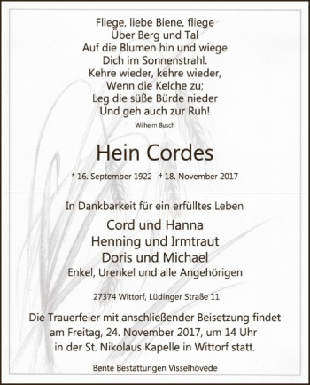 Traueranzeige von Hein Cordes von SYK