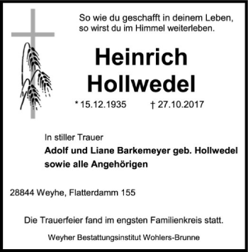 Traueranzeige von Heinrich Hollwedel von SYK