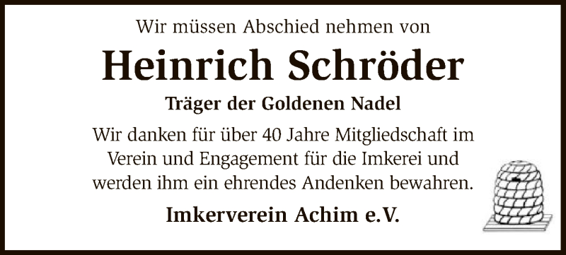  Traueranzeige für Heinrich Schröder vom 11.11.2017 aus SYK