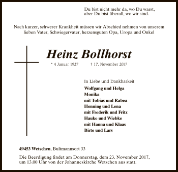 Traueranzeige von Heinz Bollhorst von SYK