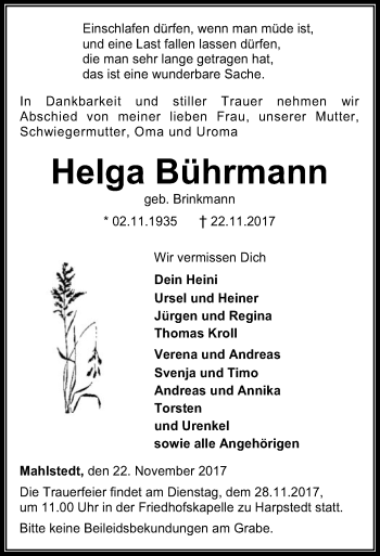 Traueranzeige von Helga Bührmann von SYK