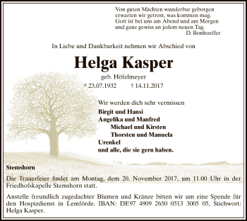 Traueranzeige von Helga Kasper von SYK