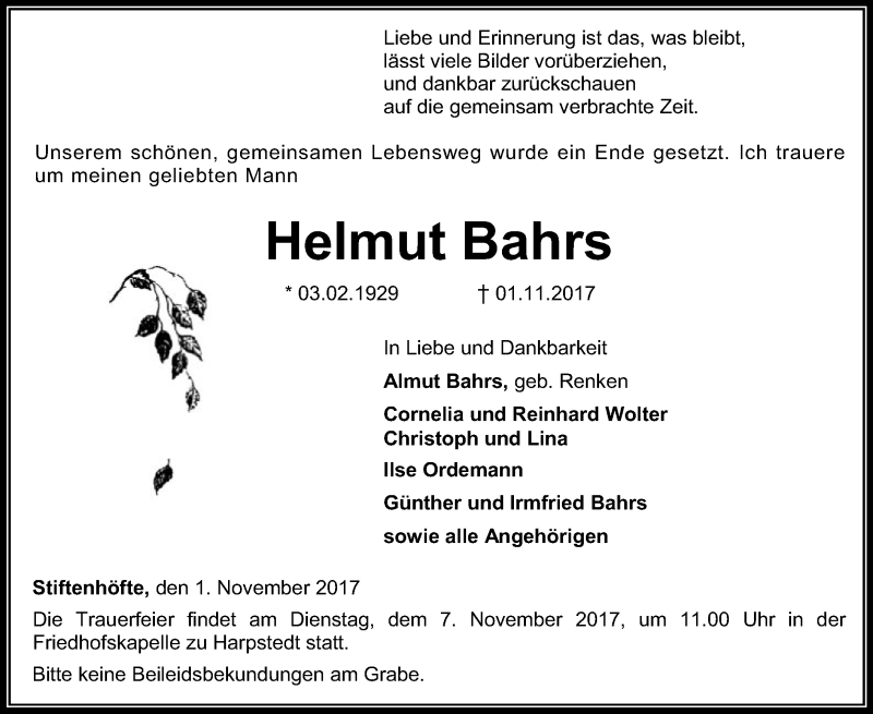  Traueranzeige für Helmut Bahrs vom 03.11.2017 aus SYK