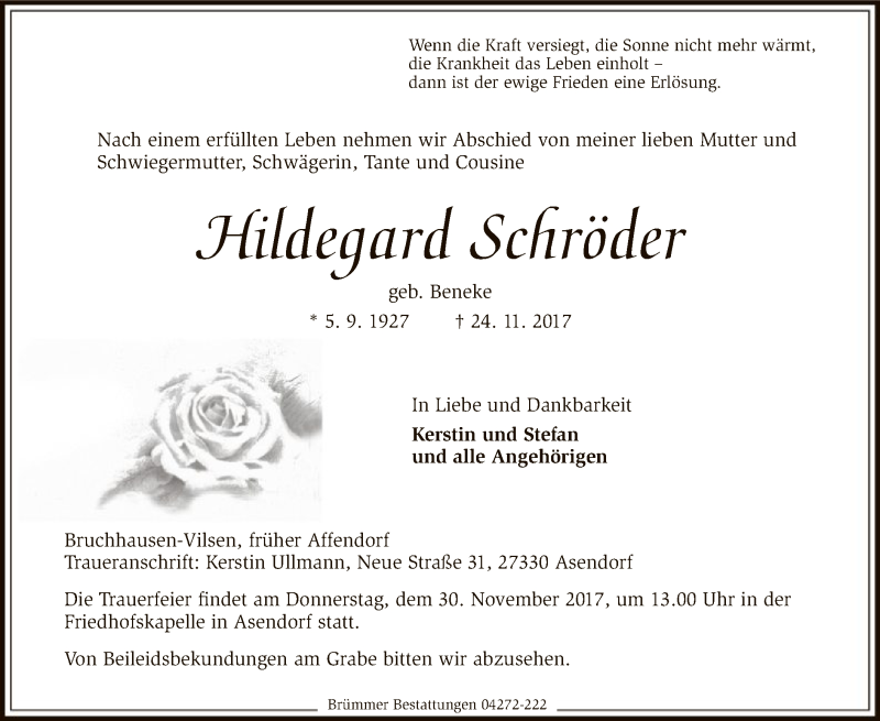  Traueranzeige für Hildegard Schröder vom 27.11.2017 aus SYK