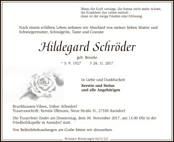 Traueranzeige von Hildegard Schröder von SYK