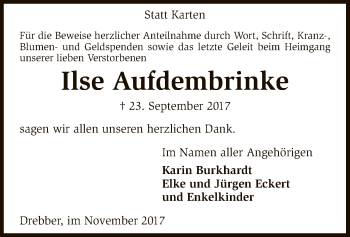 Traueranzeige von Ilse Aufdembrinke von SYK