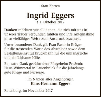 Traueranzeige von Ingrid Eggers von SYK