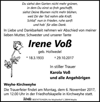 Traueranzeige von Irene Voß von SYK