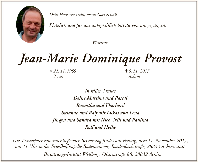  Traueranzeige für Jean-Marie Dominique Provost vom 14.11.2017 aus SYK