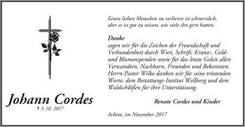 Traueranzeige von Johann Cordes von SYK