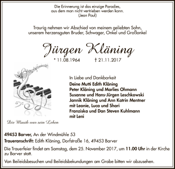 Traueranzeige von Jürgen Kläning von SYK