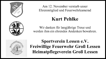 Traueranzeige von Kurt Pehlke von SYK