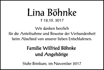 Traueranzeige von Lina Böhnke von SYK