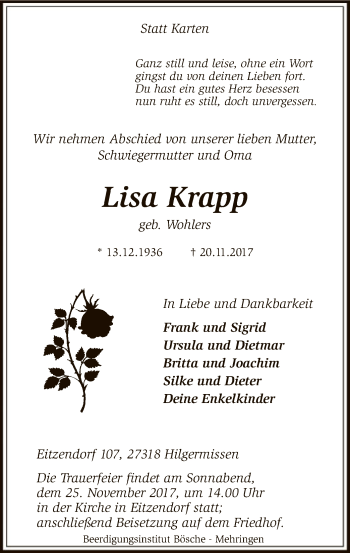 Traueranzeige von Lisa Krapp von SYK