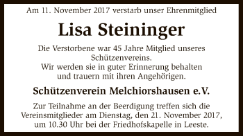 Traueranzeige von Lisa Steinfinger von SYK