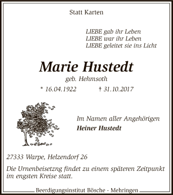 Traueranzeige von Marie Hustedt von SYK