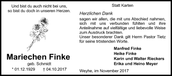 Traueranzeige von Mariechen Finke von SYK