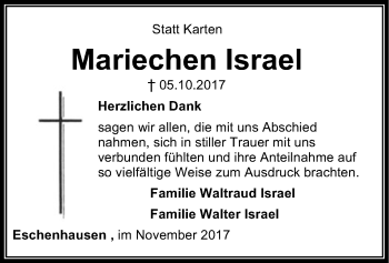 Traueranzeige von Mariechen Israel von SYK