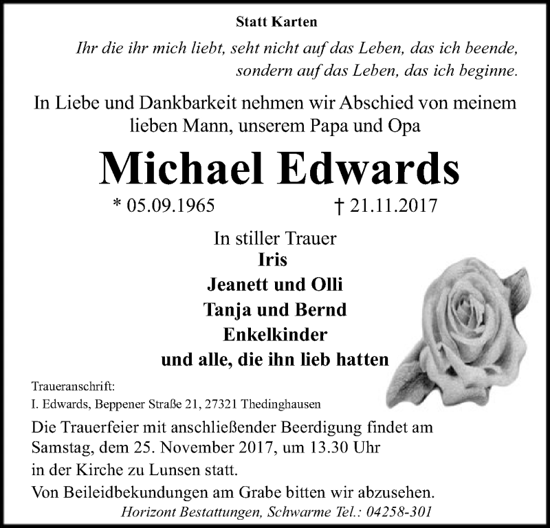  Traueranzeige für Michael Edwards vom 23.11.2017 aus SYK