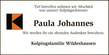 Traueranzeige von Paula Johannes von SYK