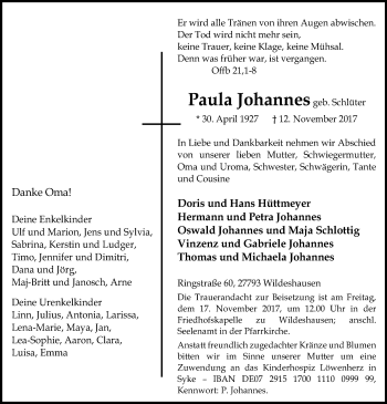 Traueranzeige von Paula Johannes von SYK