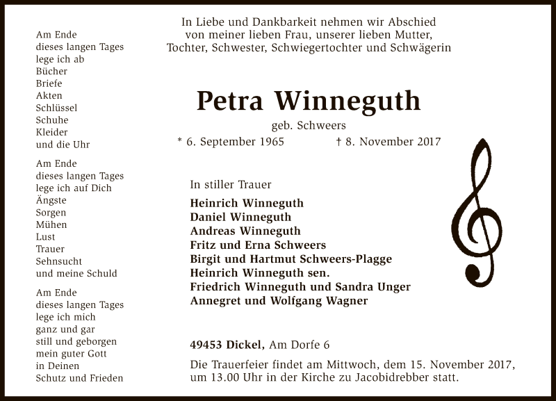  Traueranzeige für Petra Winneguth vom 11.11.2017 aus SYK