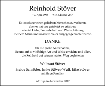 Traueranzeige von Reinhold Stöver von SYK