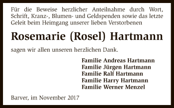 Traueranzeige von Rosemarie  Hartmann von SYK