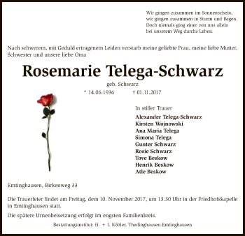 Traueranzeige von Rosemarie Telega-Schwarz von SYK