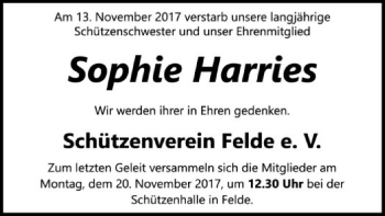 Traueranzeige von Sophie Harries von SYK