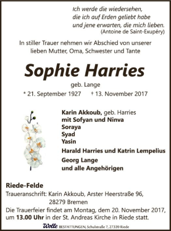 Traueranzeige von Sophie Harries von SYK