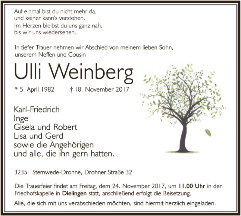  Traueranzeige für Ulli Weinberg vom 21.11.2017 aus SYK