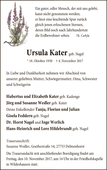 Traueranzeige von Ursula Kater von SYK