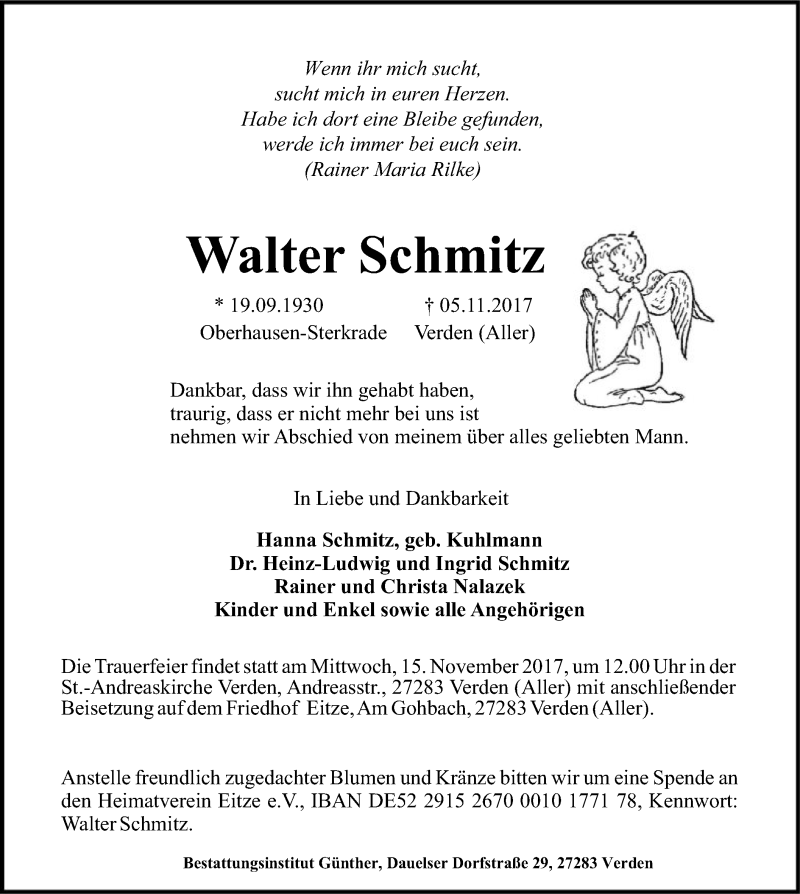  Traueranzeige für Walter Schmitz vom 11.11.2017 aus SYK