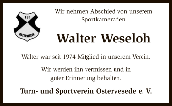 Traueranzeige von Walter Weseloh von SYK