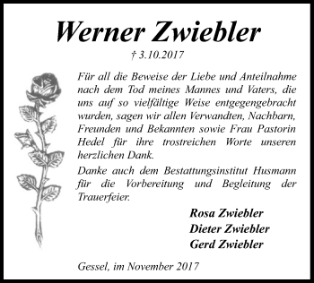 Traueranzeige von Werner Zwiebler von SYK