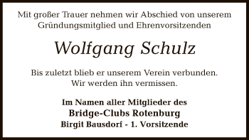 Traueranzeige von Wolfgang Schulz von SYK