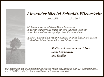 Traueranzeige von Alexander Nicolei Schmidt-Wiederkehr von SYK