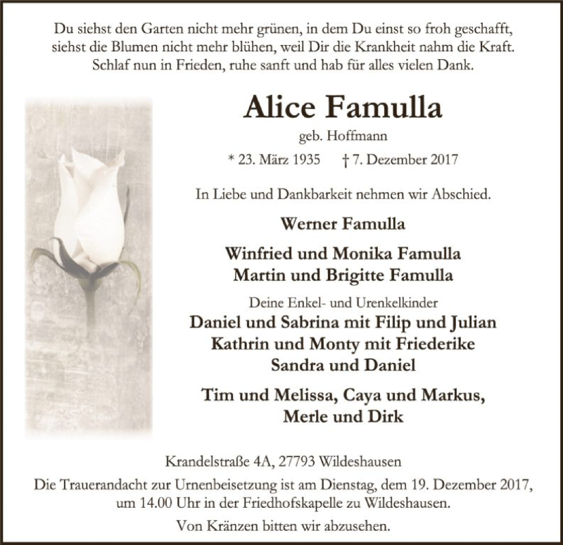  Traueranzeige für Alice Famulla vom 11.12.2017 aus SYK