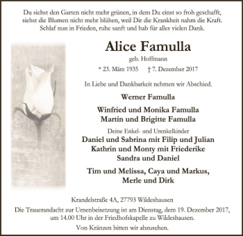 Traueranzeige von Alice Famulla von SYK